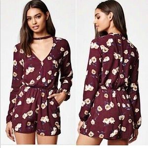Boho Floral Dark Red Long Sleeve Choker Romper